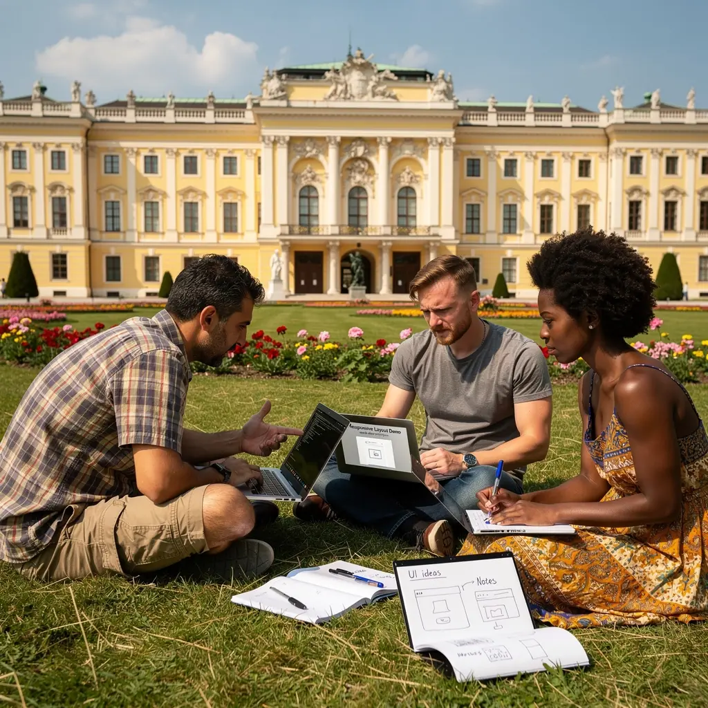 Ein motivierendes Klassenzimmer mit Teilnehmern, die an Whiteboards Konzepte für Webentwicklung visualisieren.