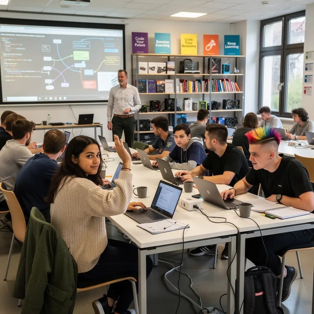 Eine Nahaufnahme eines Bildschirms, der Code zeigt, während ein Tutor den Schülern eine Programmiertechnik erklärt.