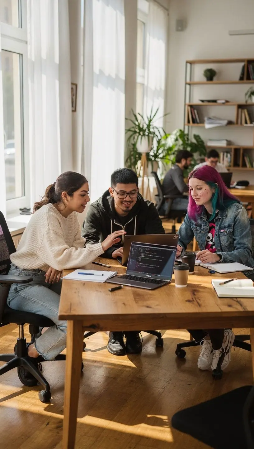 Ein Bild von einer Gruppe von Studierenden, die gemeinsam an ihren Laptops an einem Programmierprojekt arbeiten.