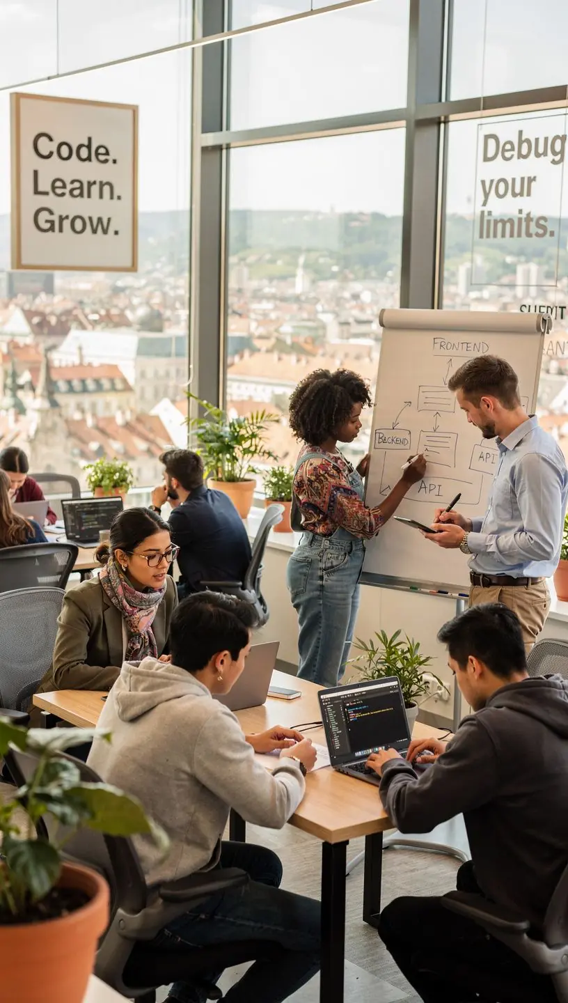 Ein Gruppenbild von motivierten Teilnehmern eines Programmier-Bootcamps, die an Laptops arbeiten.